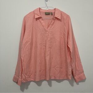 Naturals d&co. Linen Blend Popover Blouse Top Women's L Coral Long Sleeves